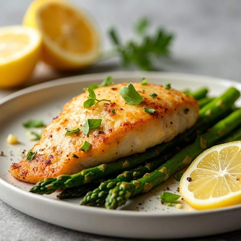Lemon Garlic Pan-Seared Chicken Breast with Roasted Asparagus