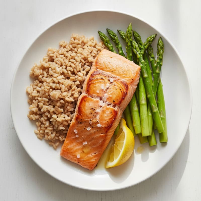 Seared Salmon Fillet with Steamed Asparagus and Brown Rice