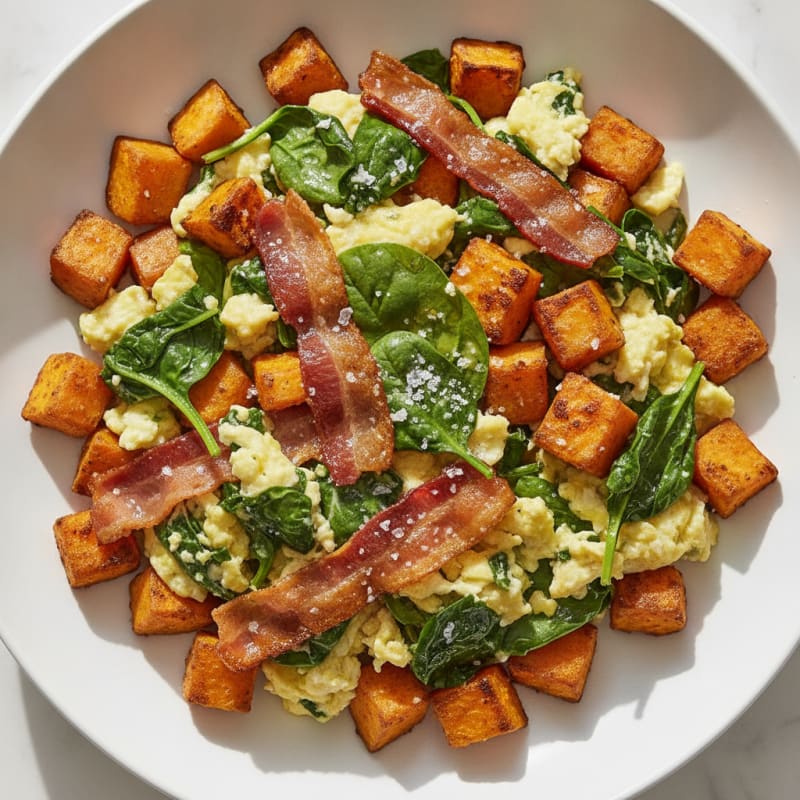 Crispy Turkey Bacon and Spinach Egg Scramble with Sweet Potato Hash