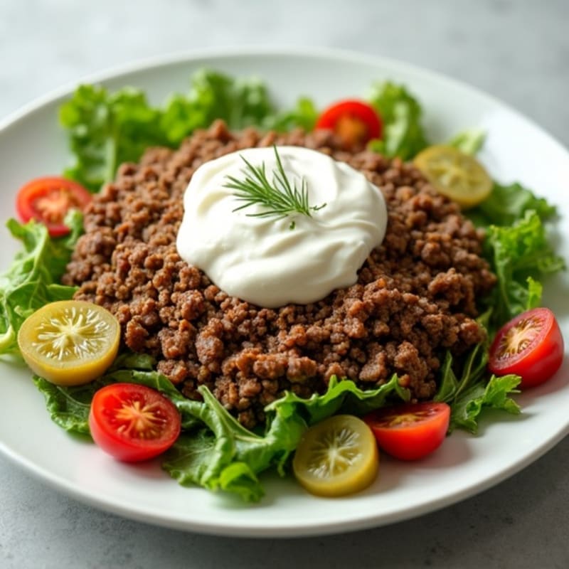 Lean Ground Beef Salad with Creamy Tangy Pickle Dressing