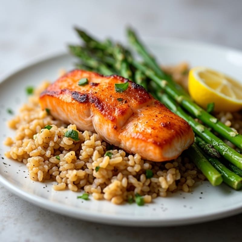Seared Salmon with Steamed Asparagus and Brown Rice