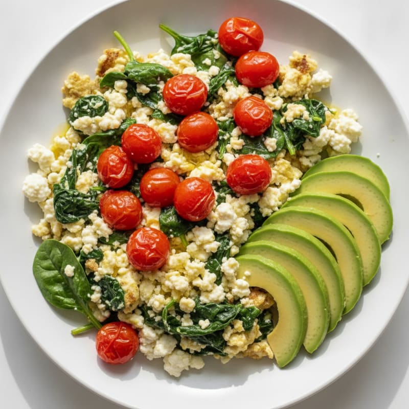 Cottage Cheese Egg White Scramble with Spinach and Cherry Tomatoes