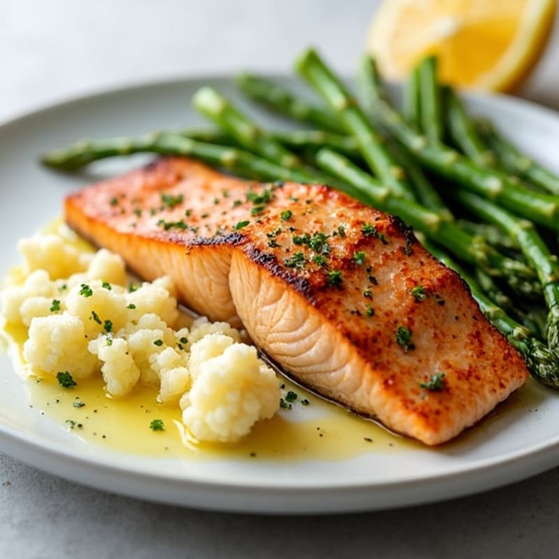 Seared Salmon with Steamed Asparagus and Garlic Mashed Cauliflower