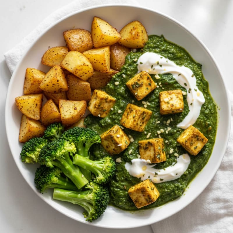 Paneer and Spinach Curry with Roasted Potatoes and Steamed Broccoli