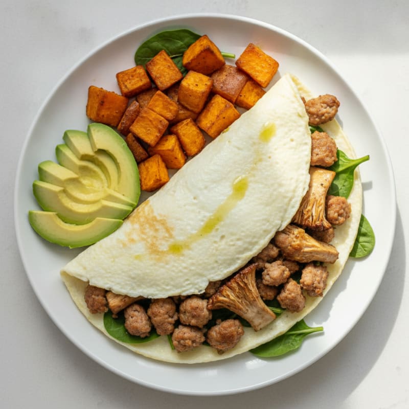 Egg White Omelette with Turkey Sausage and Roasted Sweet Potatoes