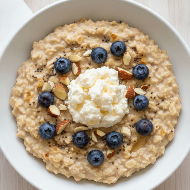 Cottage Cheese Oatmeal with Fresh Berries and Chopped Almonds
