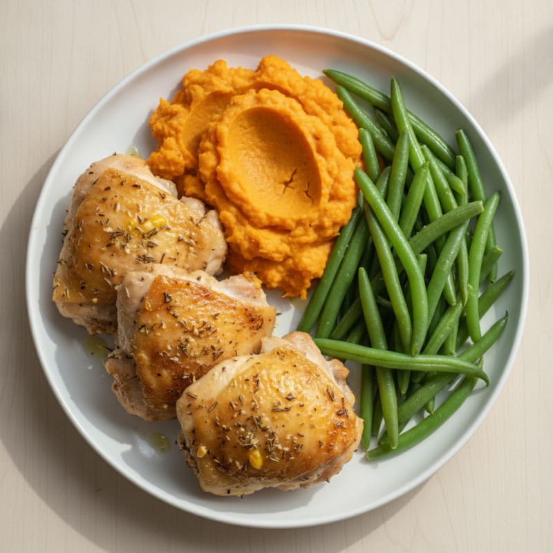 Baked Herb Chicken Thighs with Steamed Green Beans and Sweet Potato Mash