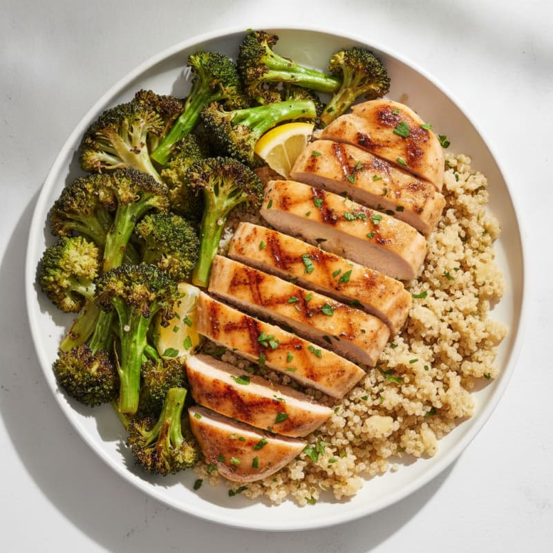 Grilled Lemon Herb Chicken Breast with Quinoa and Roasted Broccoli