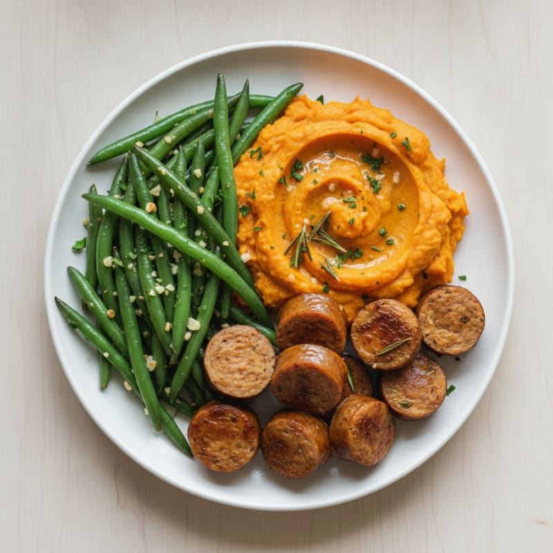 Herb-Roasted Chicken Sausage with Garlic Green Beans and Mashed Sweet Potatoes