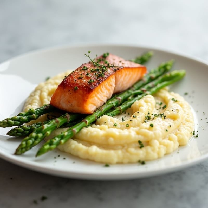 Seared Salmon with Steamed Asparagus and Cauliflower Mash