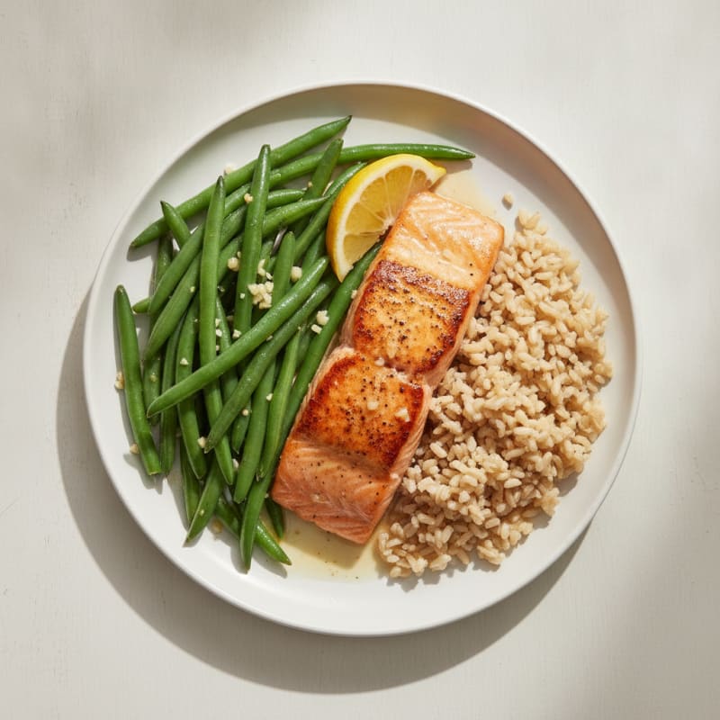 Seared Salmon with Garlic Green Beans and Brown Rice