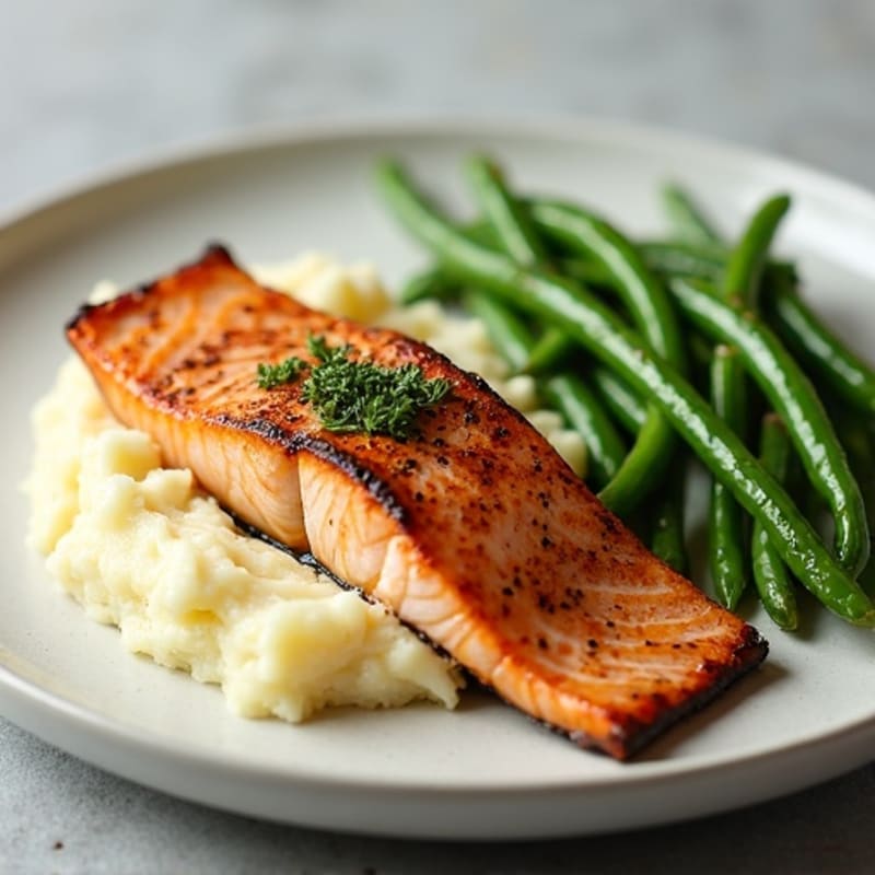 Seared Salmon with Steamed Green Beans and Garlic Mashed Potatoes