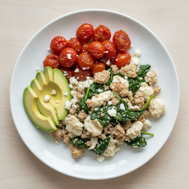 Egg White and Turkey Spinach Scramble with Roasted Tomatoes