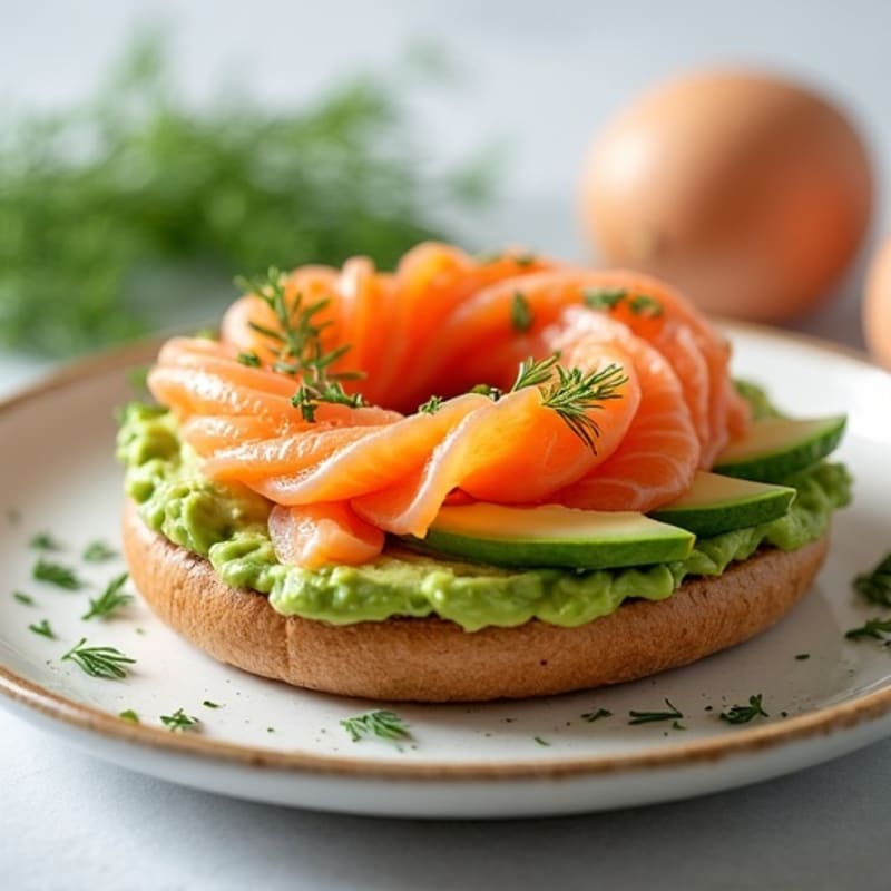 Whole Wheat Bagel with Smoked Salmon, Creamy Avocado, and Fresh Dill