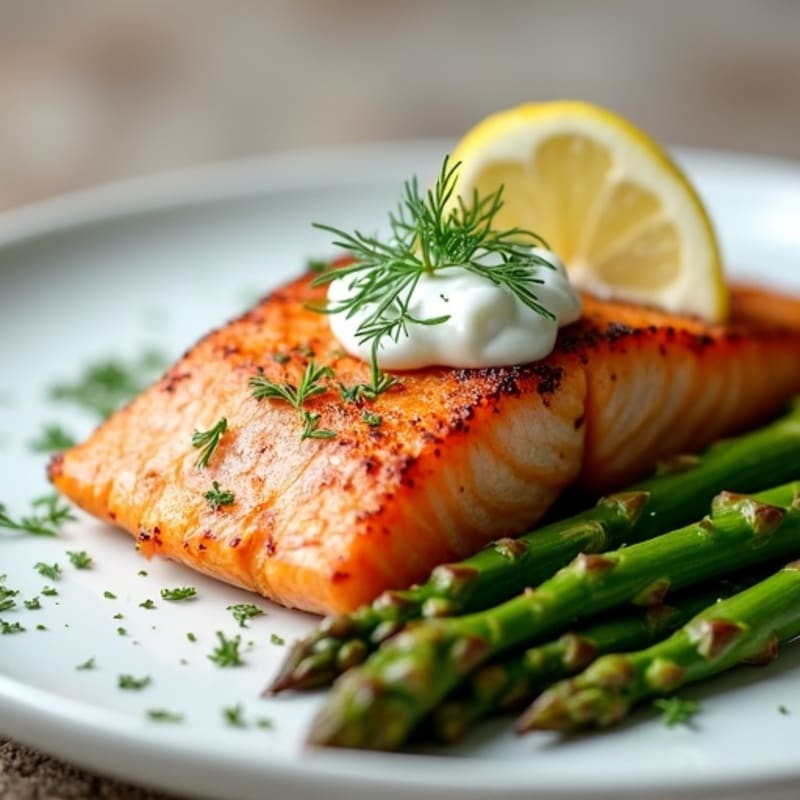 Crispy Skin Salmon with Roasted Asparagus and Lemon Dill Sauce