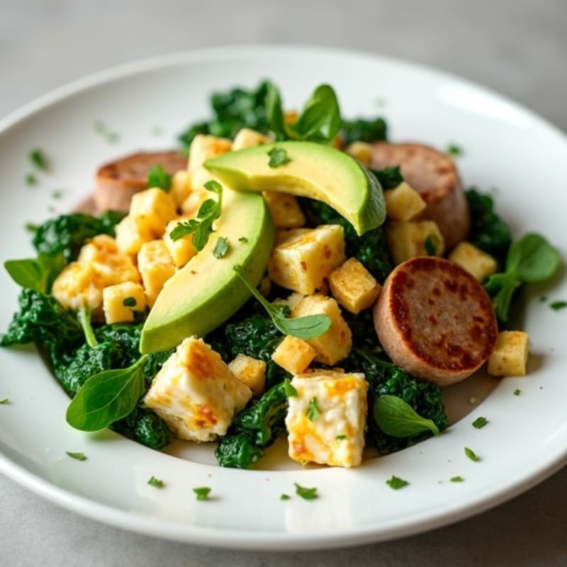 Egg White and Turkey Sausage Scramble with Sautéed Spinach