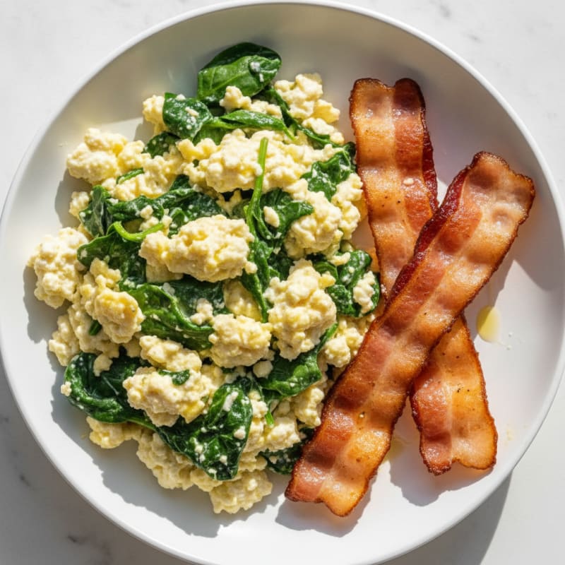 Cottage Cheese Egg Scramble with Spinach and Turkey Bacon