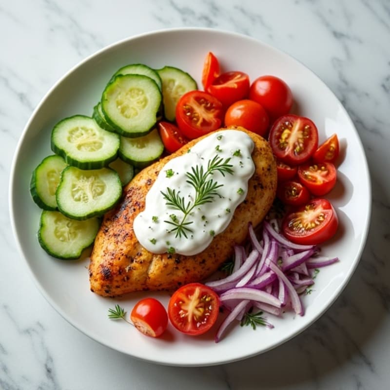 Spiced Roasted Chicken with Creamy Garlic Yogurt and Fresh Chopped Vegetables