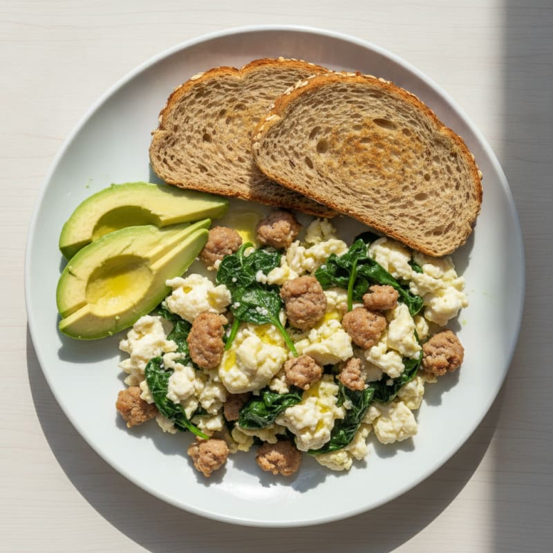 Egg White and Turkey Sausage Scramble with Sautéed Spinach