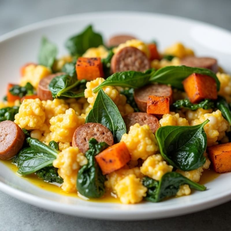 Egg White and Turkey Sausage Scramble with Spinach and Sweet Potato