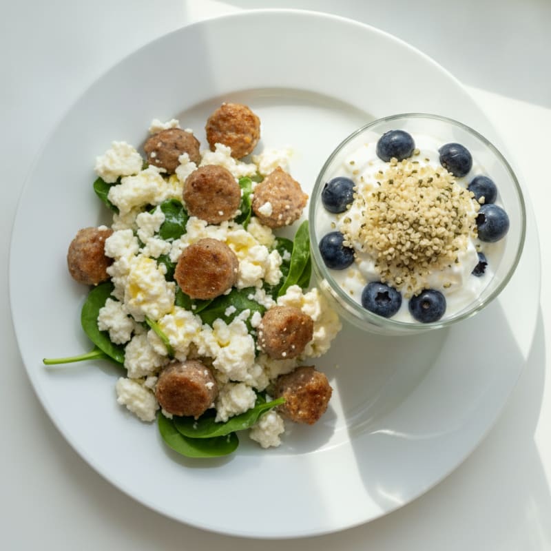 Cottage Cheese Egg White Scramble with Turkey Sausage and Greek Yogurt Parfait