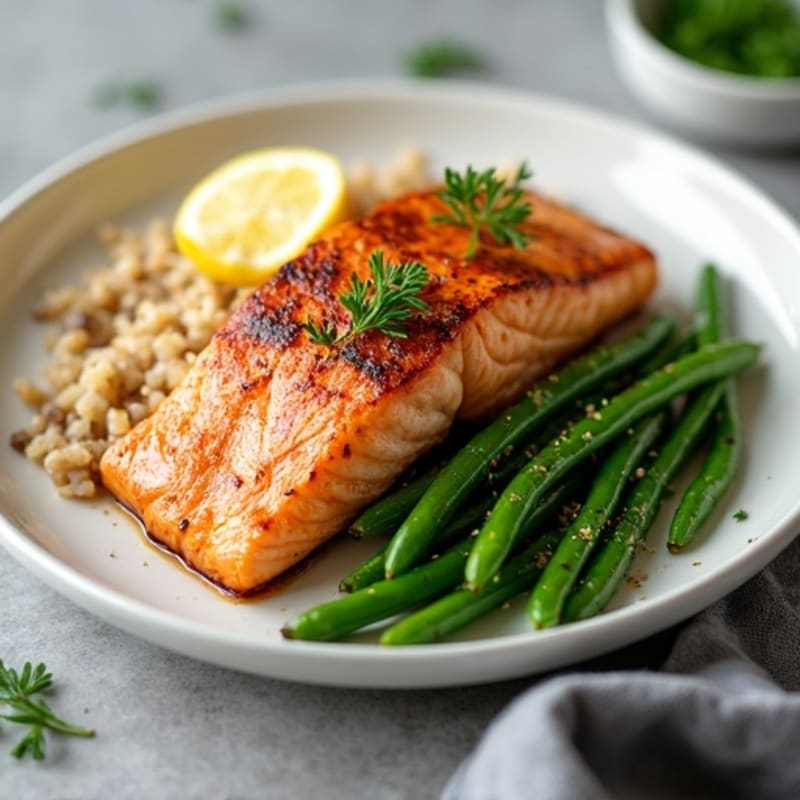 Seared Salmon Fillet with Garlic Green Beans and Brown Rice