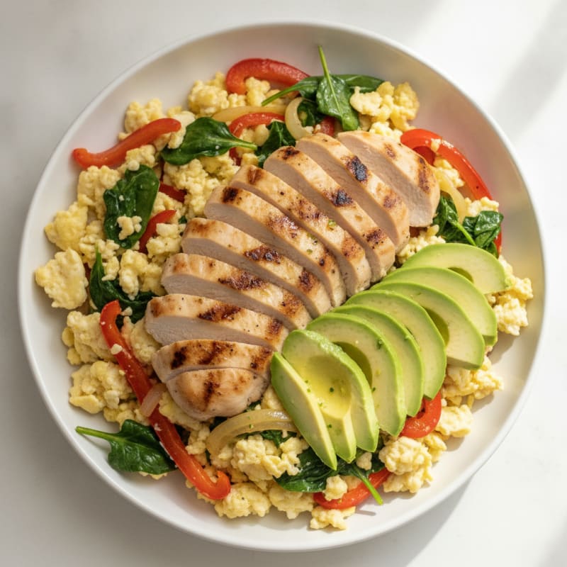 Egg White Veggie Scramble with Grilled Chicken