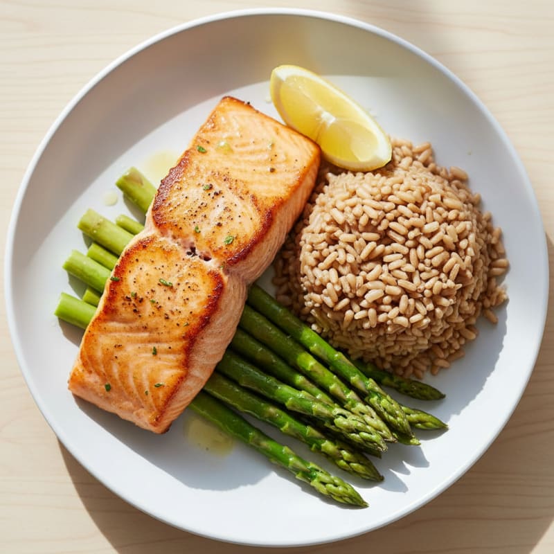 Seared Salmon with Steamed Asparagus and Brown Rice