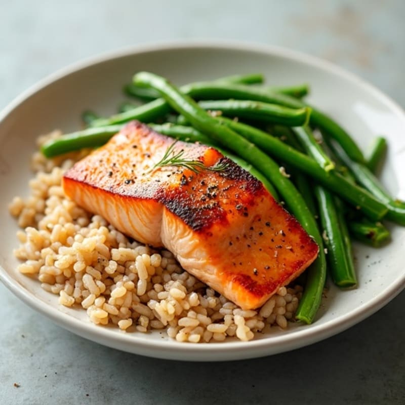 Seared Salmon Fillet with Garlic Green Beans and Brown Rice
