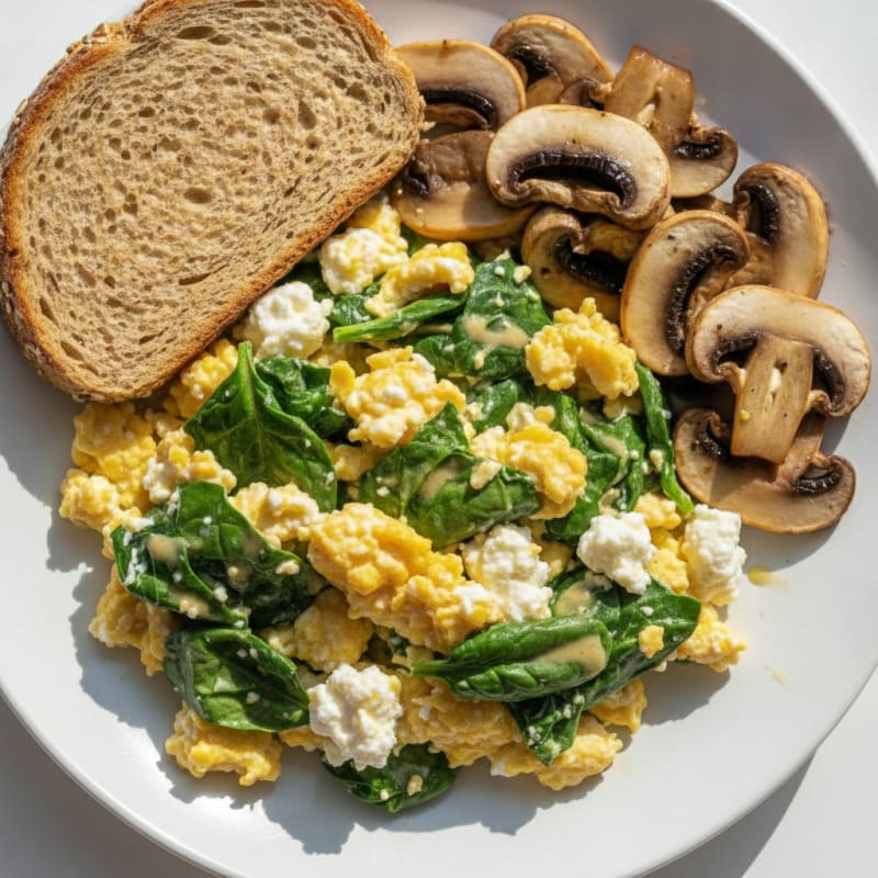 Cottage Cheese and Spinach Egg Scramble with Sautéed Mushrooms
