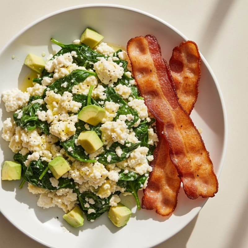 Cottage Cheese Scramble with Spinach and Turkey Bacon