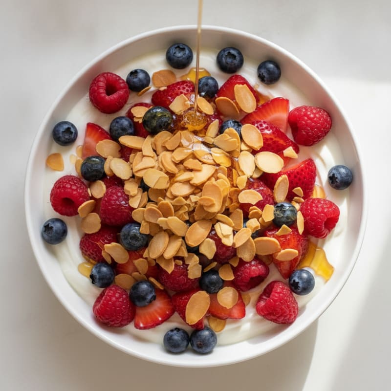 Greek Yogurt Protein Parfait with Mixed Berries and Almonds