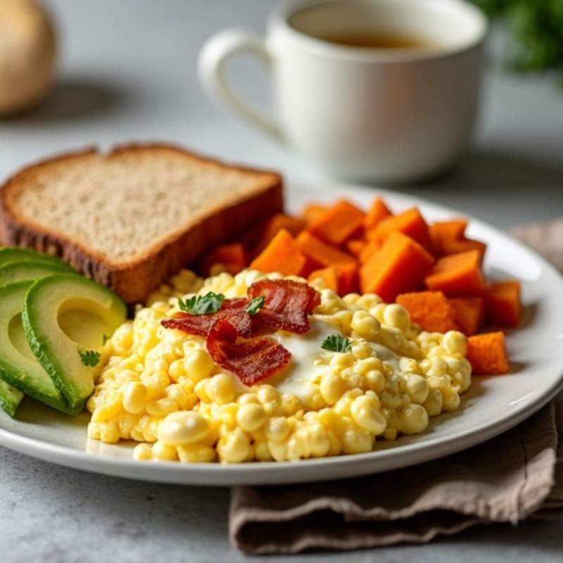 Crispy Turkey Bacon and Egg White Scramble with Roasted Sweet Potato