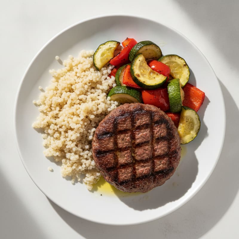 Grilled Hamburger Patty with Roasted Veggies and Quinoa