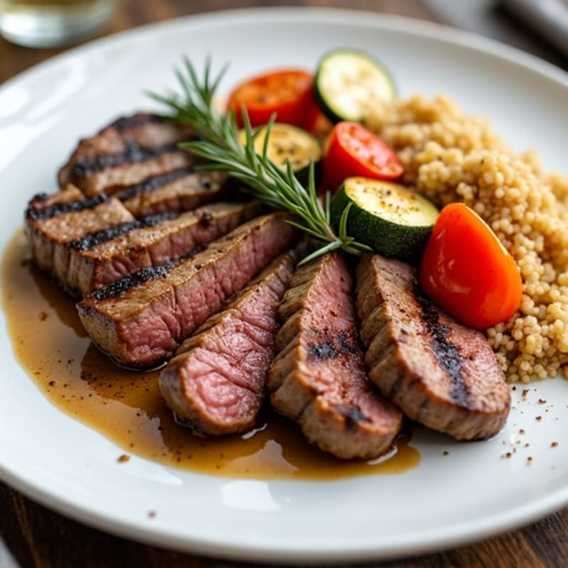 Grilled Sirloin Steak with Roasted Vegetables and Quinoa