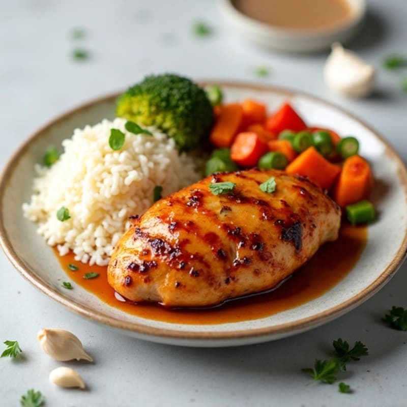 Juicy Glazed Chicken with Steamed Rice and Roasted Mixed Vegetables