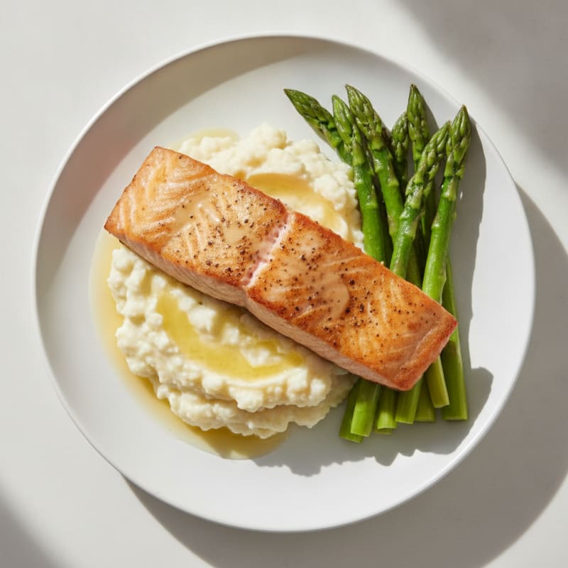 Seared Salmon with Steamed Asparagus and Garlic Mashed Cauliflower