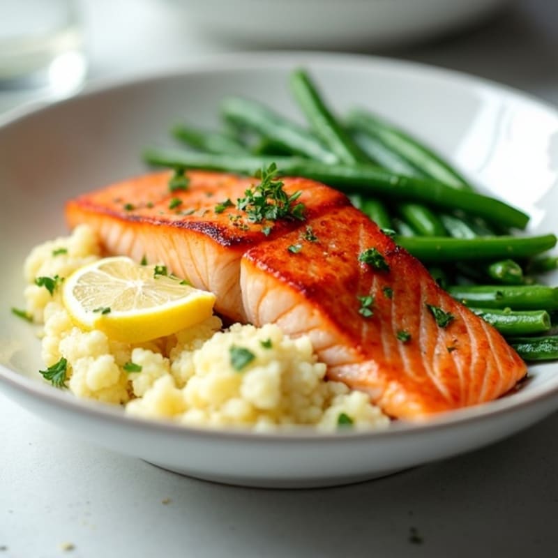Seared Salmon with Steamed Green Beans and Garlic Mashed Cauliflower
