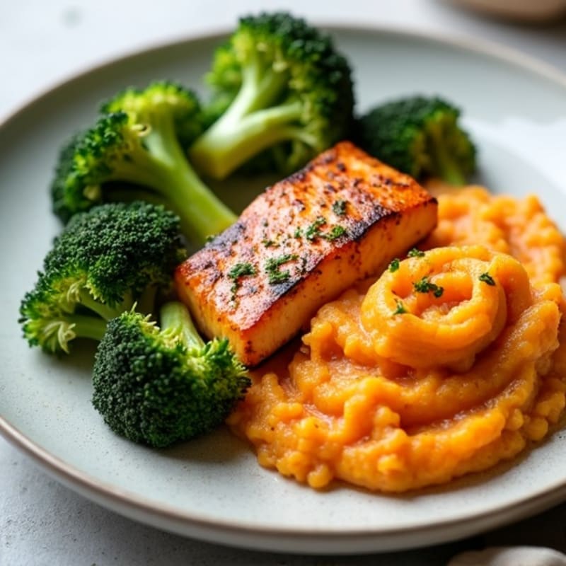 Seared Salmon with Roasted Broccoli and Garlic Mashed Sweet Potatoes