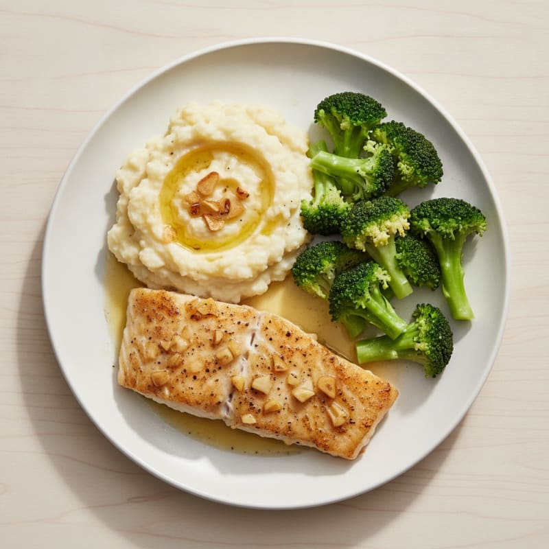 Baked White Fish with Garlic Mashed Potatoes and Steamed Broccoli
