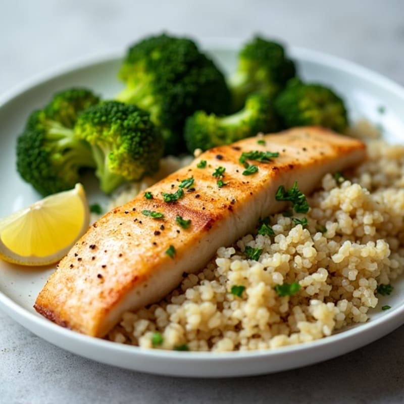 Seared Tilapia with Steamed Broccoli and Garlic Quinoa