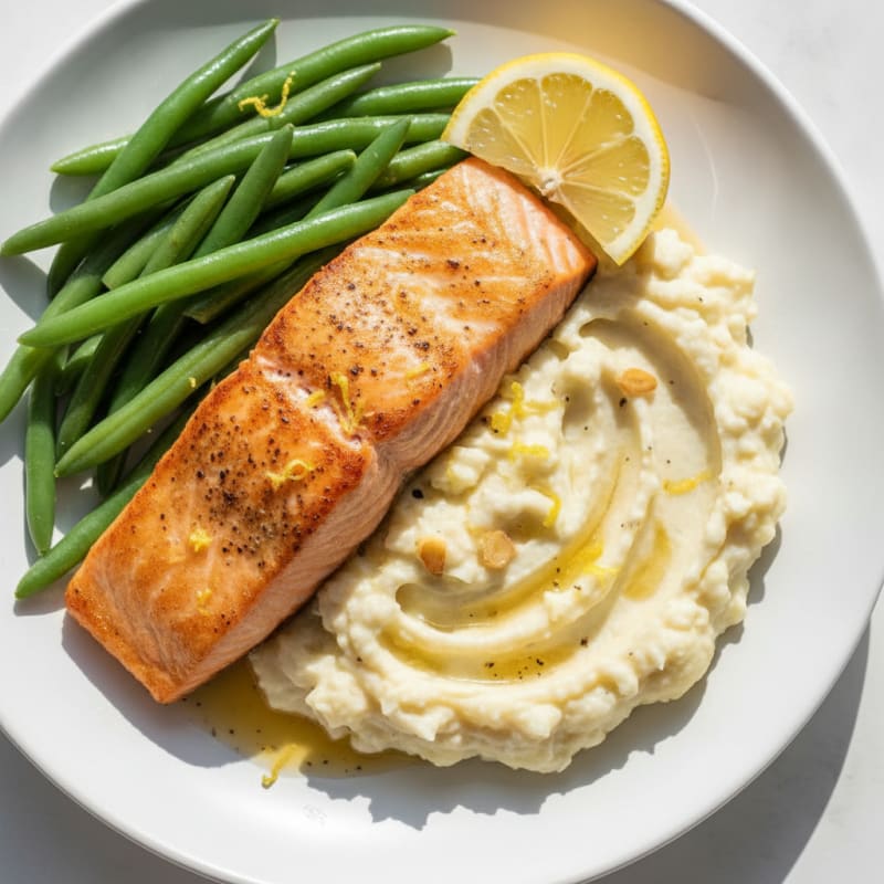Seared Salmon with Steamed Green Beans and Garlic Mashed Cauliflower