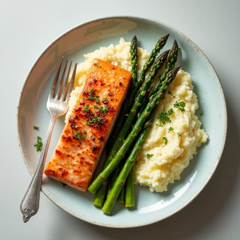 Seared Salmon with Roasted Asparagus and Garlic Cauliflower Mash