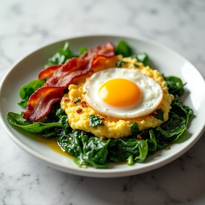 Cottage Cheese Scramble with Sautéed Spinach and Turkey Bacon