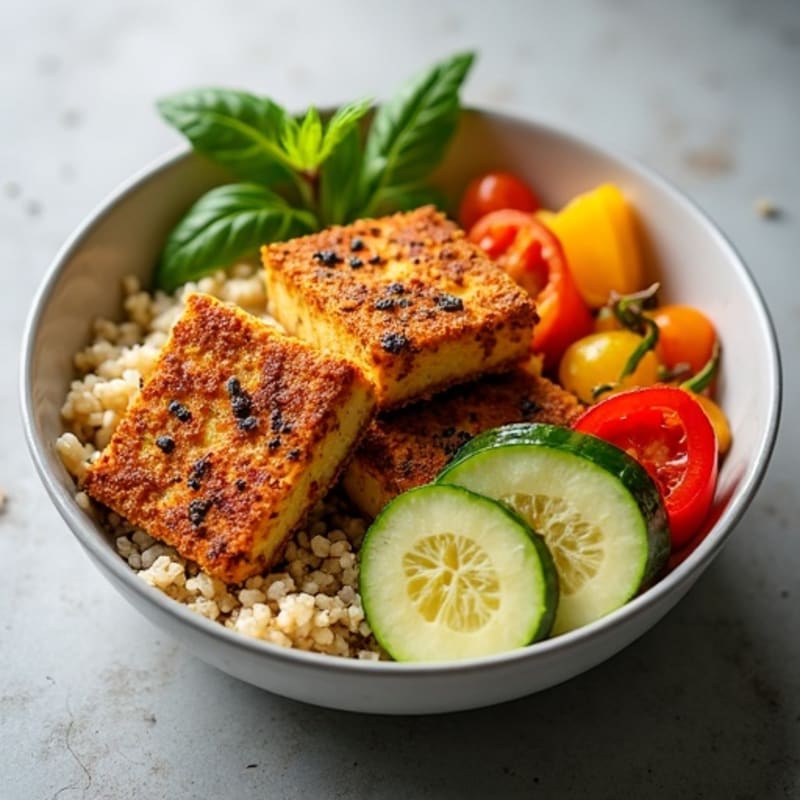 Crispy Tofu Power Bowl with Quinoa, Roasted Vegetables & Seitan Crumble