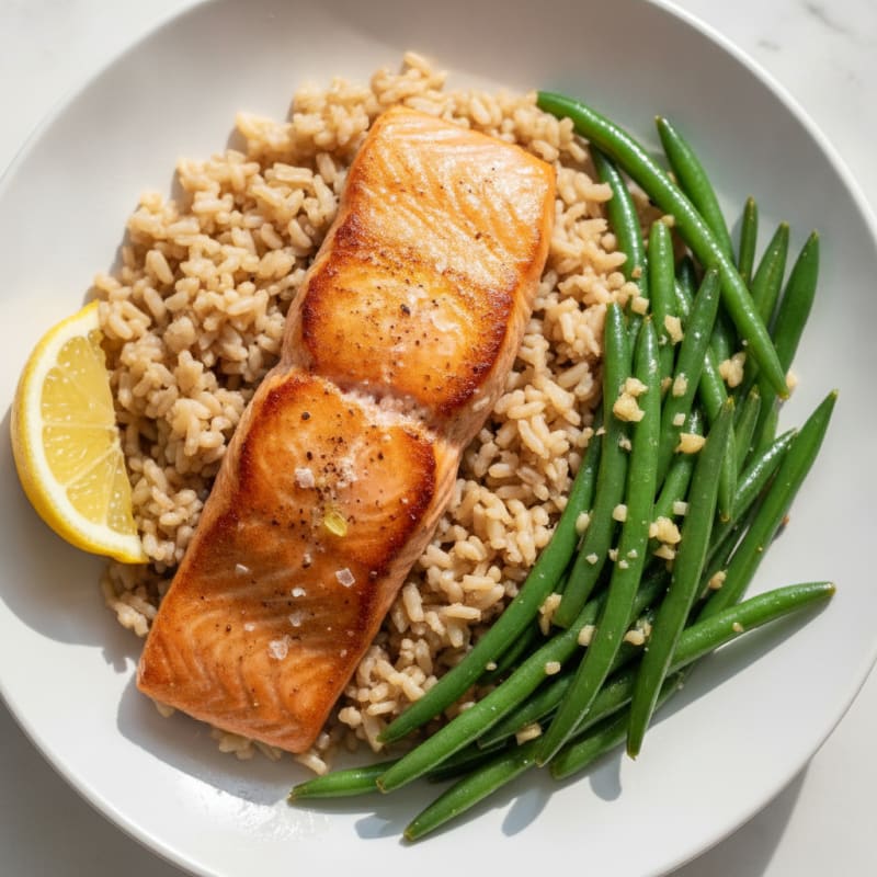 Seared Salmon Fillet with Garlic Green Beans and Brown Rice