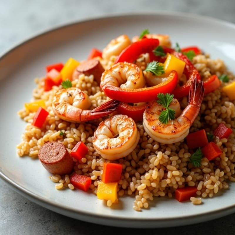 Hearty Spicy Chicken, Shrimp, and Lean Sausage with Brown Rice and Bell Peppers