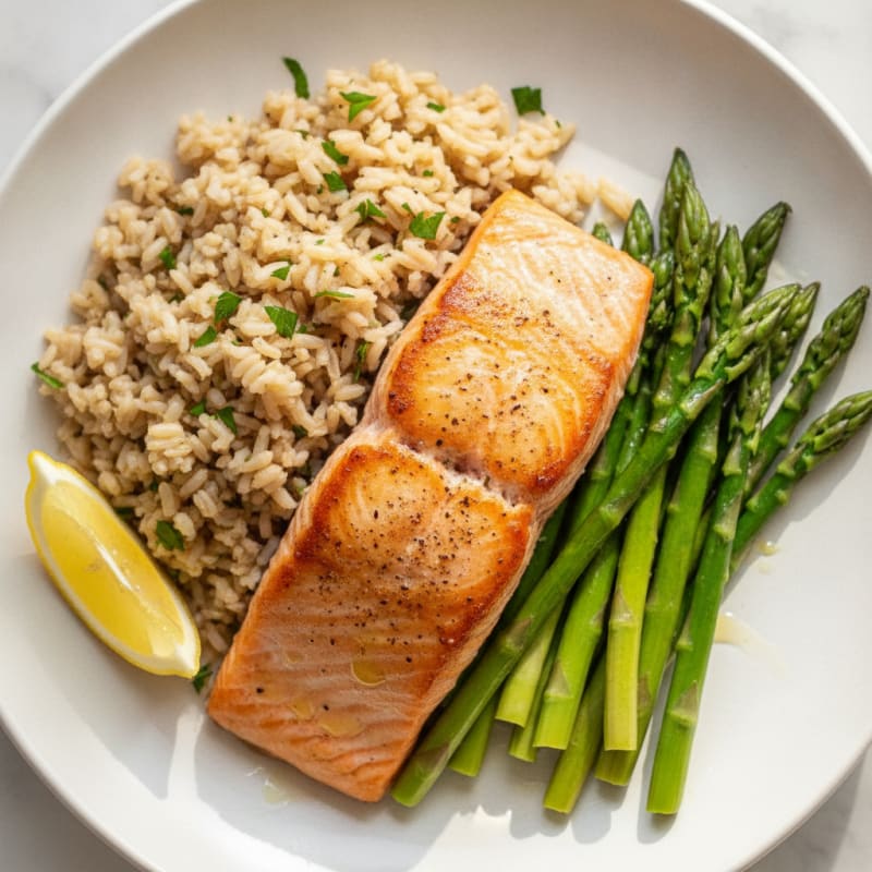 Seared Salmon Fillet with Steamed Asparagus and Herbed Brown Rice