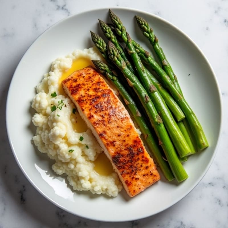 Seared Salmon with Steamed Asparagus and Mashed Cauliflower