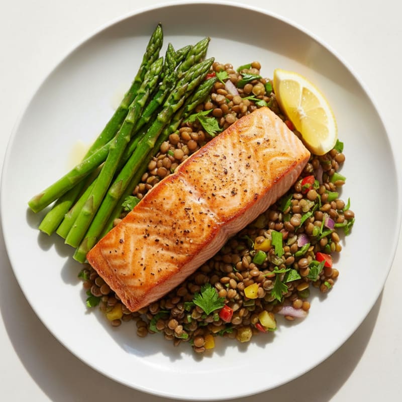 Seared Salmon Fillet with Lentil Salad and Steamed Asparagus